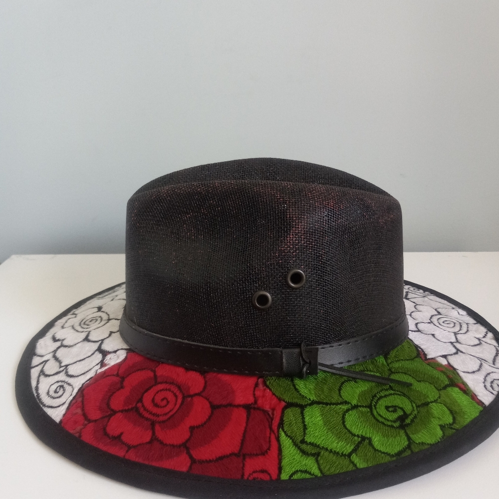 Artisanal Mexican Black Floral Multicolor Sombrero Sun Hat Size M